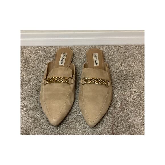 Steve Madden Faine Tan Suede Leather Pointed Chain Detail Slip On Flat Mule, 8 - Picture 3 of 7